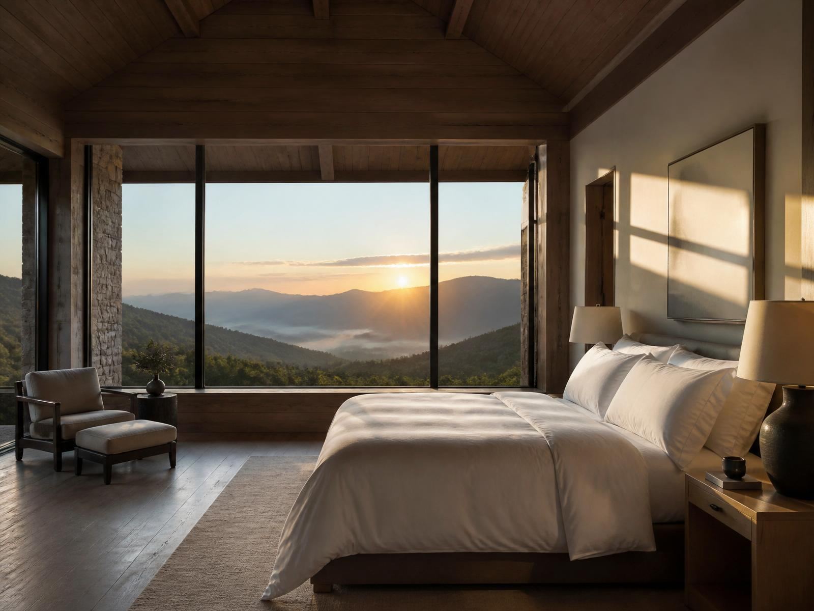 A spacious king master suite with soft white linens, large windows overlooking forest canopy, and natural wood ceilings.