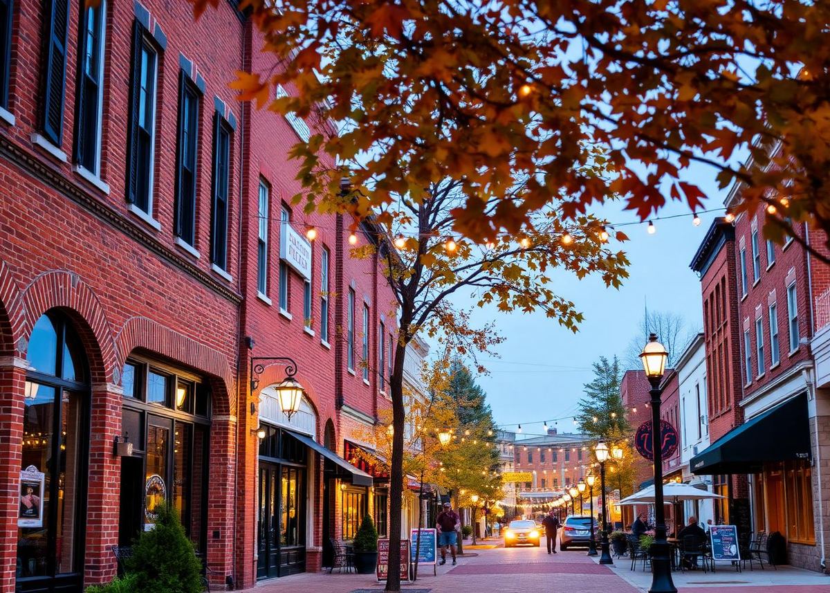 A street view of historic downtown Blue Ridge Georgia featuring brick storefronts, colorful awnings, and pedestrians walking along East Main Street.