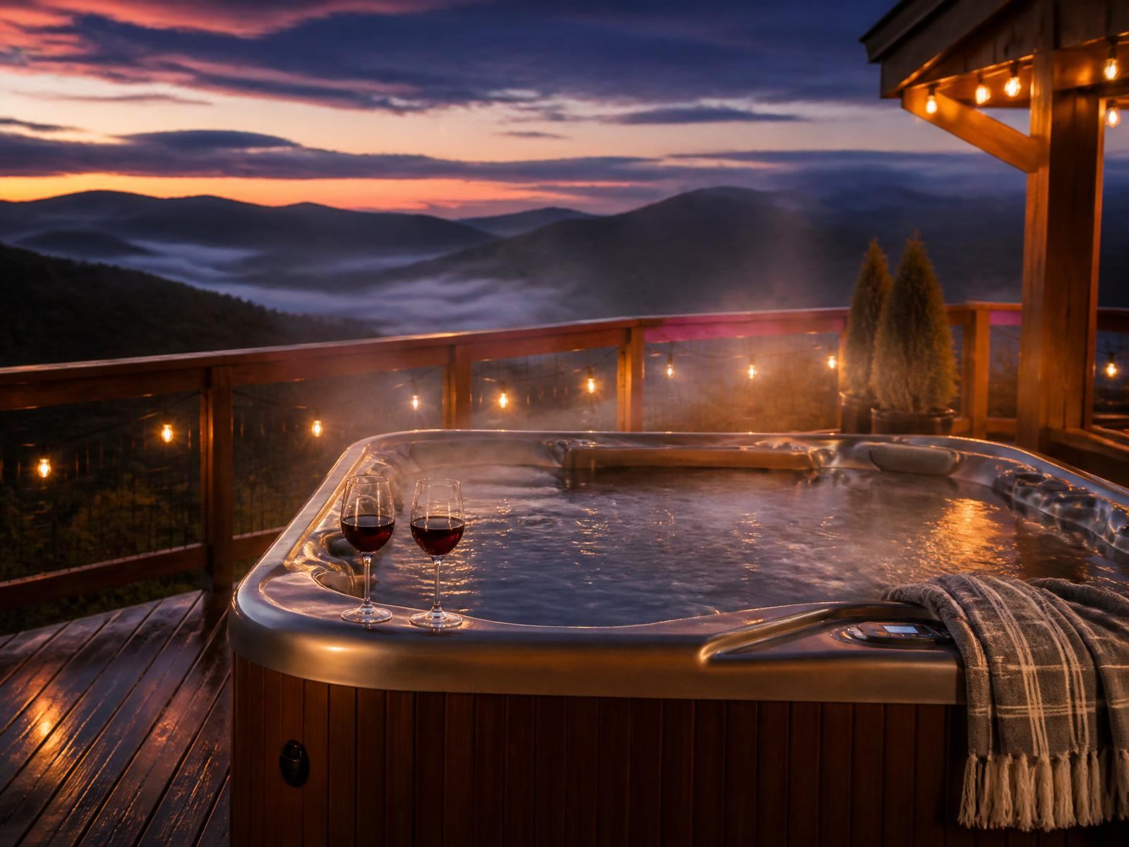 A stainless steel hot tub on a wooden deck overlooks layers of blue-toned mountain ridges at sunset.
