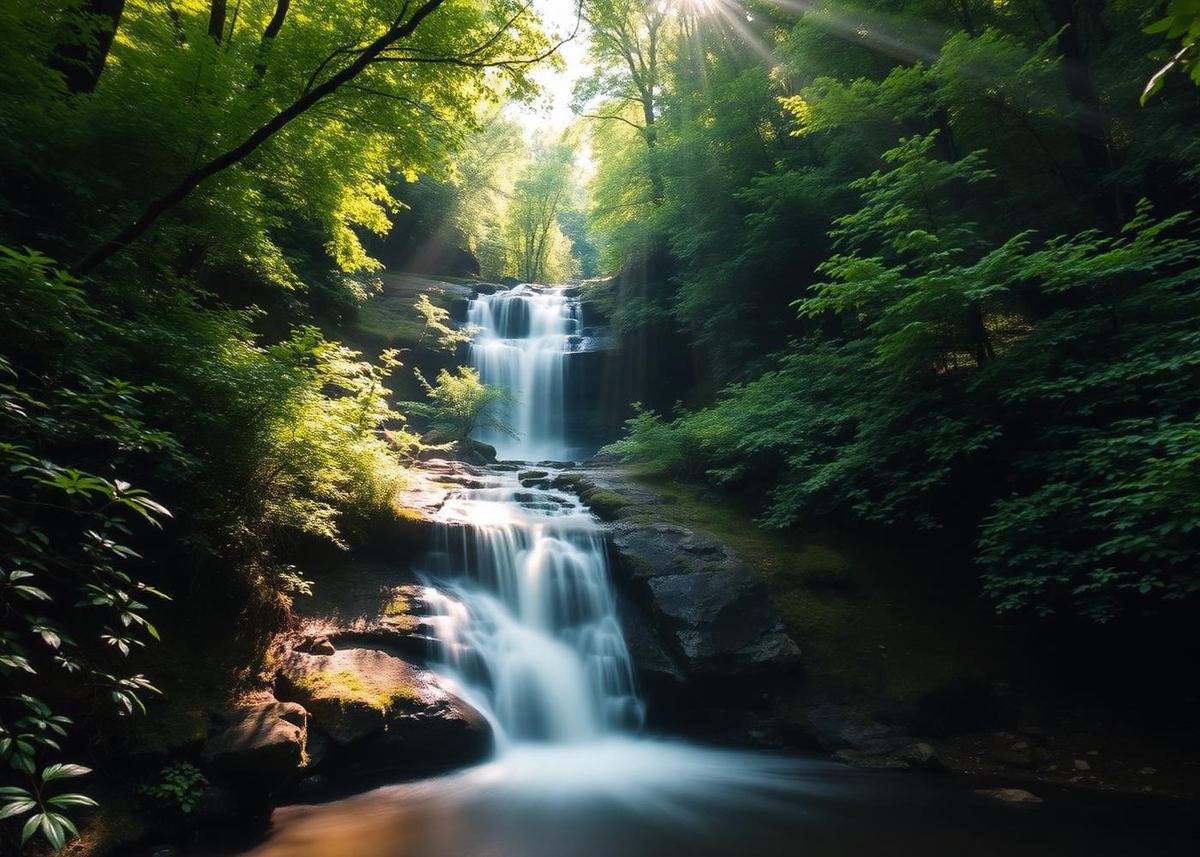 A gentle waterfall cascades over tiered mossy rocks into a clear pool surrounded by lush green ferns in the North Georgia mountains.