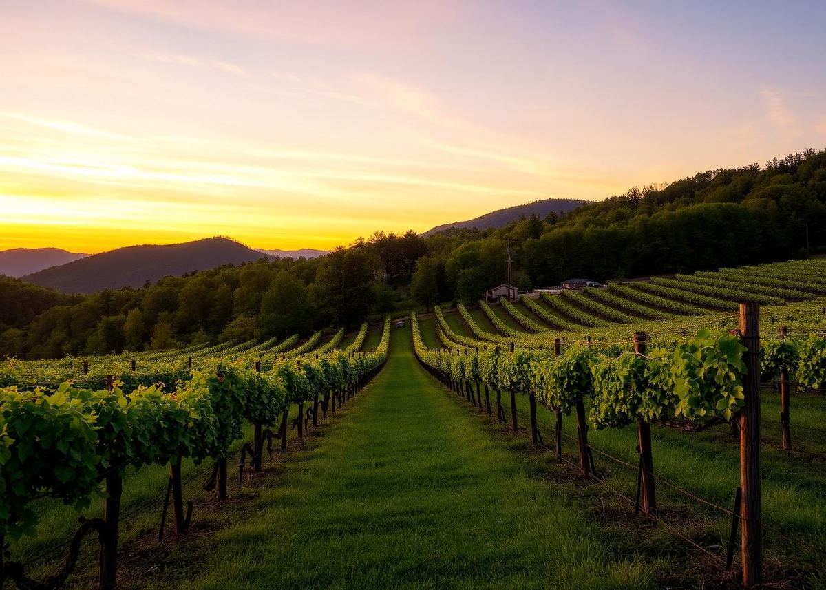 A wooden wine tasting paddle with four glasses of red and white wine overlooks a rolling vineyard in the North Georgia mountains.